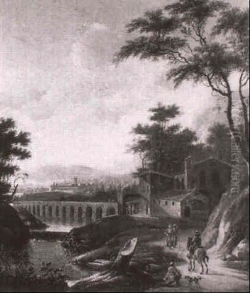 Reisende An Einem Fluss Mit Brucke Oil Painting by Giovanni Battista Cimaroli