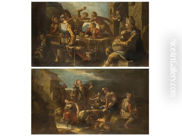 Rauferei In Einer Taverne (+ Wandernde Musikantenfamilie Bei Der Rast; Pair) Oil Painting by Giacomo Francesco Cipper