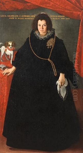 Portrait Of A Lady In A Black Dress With A Gold Chain And Brooch, A White Handkerchief In Her Left Hand, Standing Beside A Lap Dog... Oil Painting by Pier Francesco Cittadini