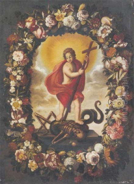 A Floral Garland Surrounding A Cartouche Of Christ Triumphant Over Sin Oil Painting by Pier Francesco Cittadini