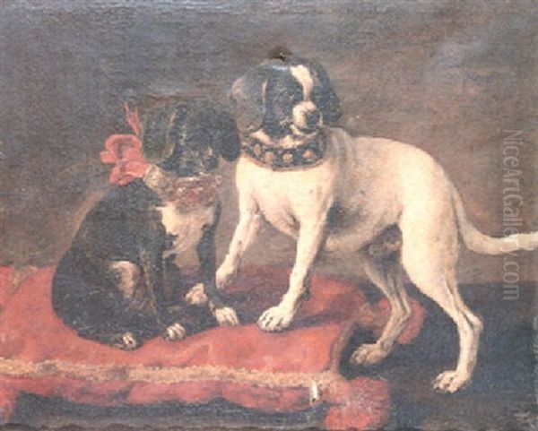 Two Spaniels On A Red Velvet Cushion In An Interior Oil Painting by Pier Francesco Cittadini