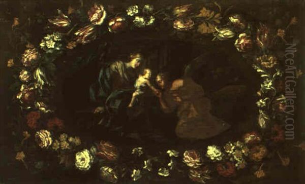 The Madonna And Child With An Angel Surrounded By A Garland Of Flowers Oil Painting by Pier Francesco Cittadini