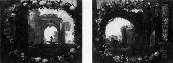 A Garland Of Assorted Flowers- Surrounding An      Architectural Ruin... Surrounding Classical Buildings.. Oil Painting by Pier Francesco Cittadini