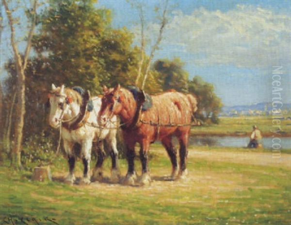 Die Rast Der Ackerpferde Oil Painting by Charles H. Clair