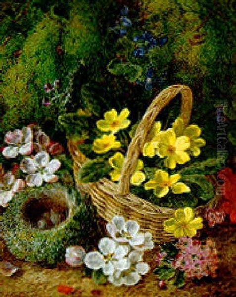 Primroses, Apple Blossoms With A Bird's Nest On A Mossy Bank Oil Painting by George Clare