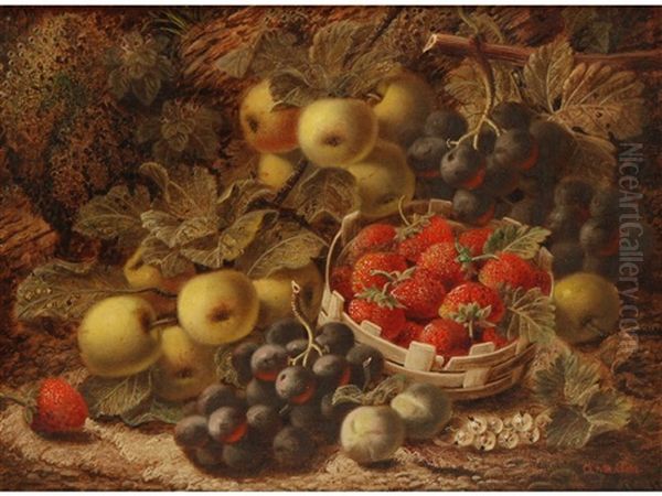 A Still Life Study Of Apples, Grapes, Strawberries And Other Fruit, In A Woodland Setting Oil Painting by Oliver Clare