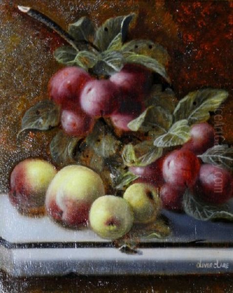 Plums And Grapes On A Stone Ledge Oil Painting by Oliver Clare