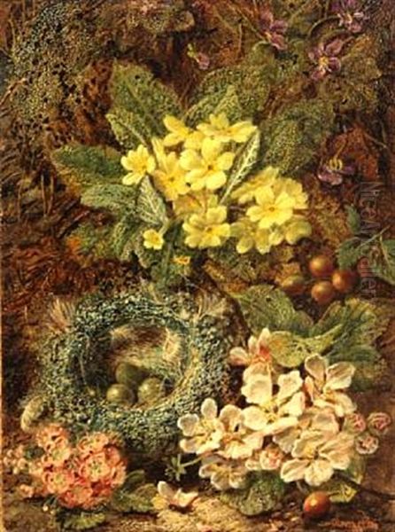 A Still Life With A Bird's Nest And Wildflowers On A Mossy Bank (+ A Still Life With A Bird's Nest, Pansies And Other Wildflowers On A Mossy Bank; Pair) Oil Painting by Oliver Clare