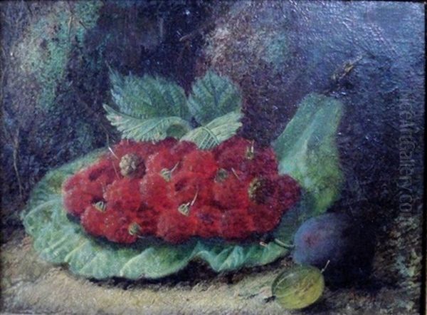 Still Life With Raspberries, A Gooseberry And A Plum On A Mossy Bank Oil Painting by Oliver Clare