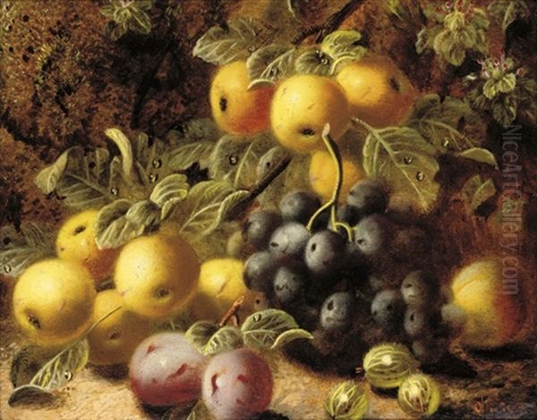 Plums, Grapes And Gooseberries On A Mossy Bank (+ Flowers And A Bird's Nest On A Mossy Bank; Pair) Oil Painting by Oliver Clare