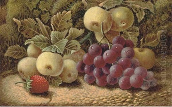 Apples, Grapes And A Strawberry On A Mossy Bank Oil Painting by Oliver Clare