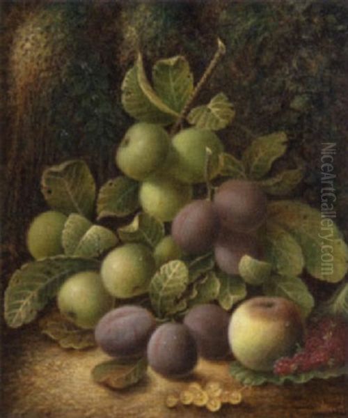 A Still Of Fruit On A Mossy Bank Oil Painting by Oliver Clare