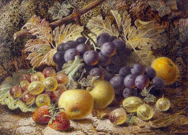 A Still Life Of Mixed Fruit On A Mossy Bank Oil Painting by Oliver Clare