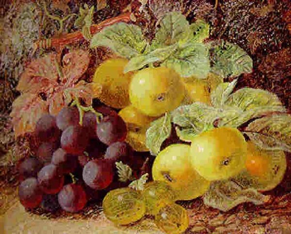 Grapes, Gooseberries And Apples On A Mossy Bank Oil Painting by Oliver Clare