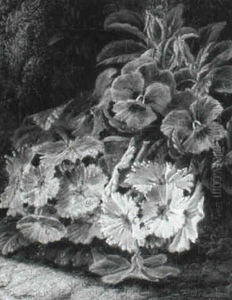 Still Life With Primulas And Pansies Oil Painting by Oliver Clare