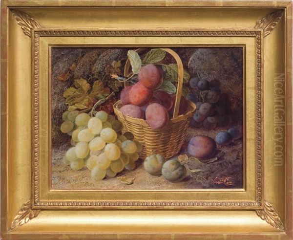 Still Life Of Plums With Grapes On A Mossy Bank Oil Painting by Vincent Clare
