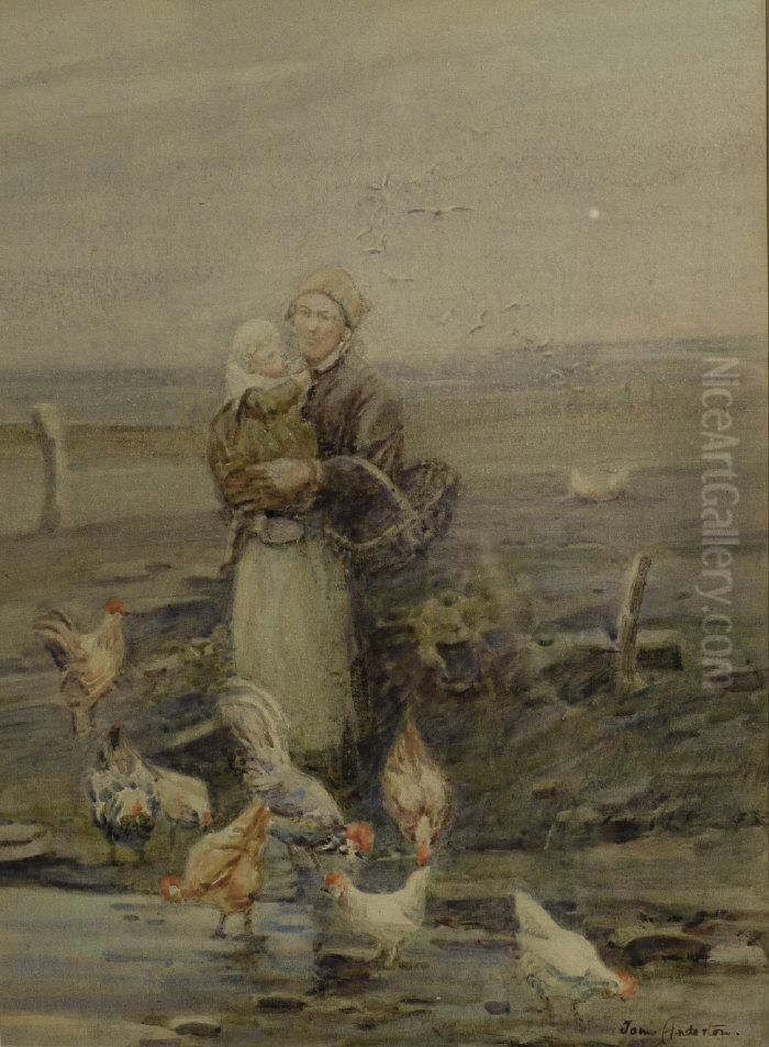 Mother And Child With Chickens On The Foreshore Oil Painting by Tom Anderton
