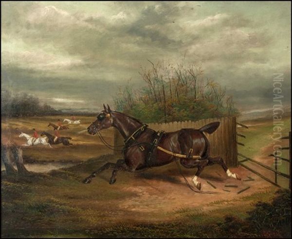 The Runaway, A Work Horse Breaking Through A Gate To Follow The Hunt, In A Landscape Oil Painting by Albert Clark