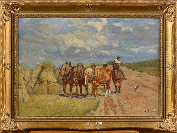 Paysan Et Ses Chevaux De Trait Sur Un Chemin De Campagne Oil Painting by Alexandre Clarys