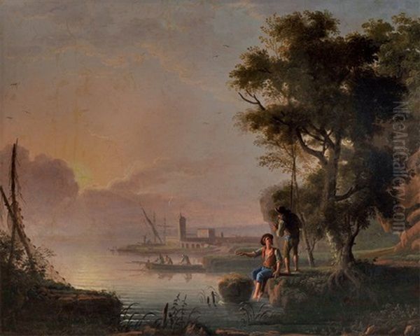 Scene De Peche Oil Painting by Jean Baptiste Charles Claudot