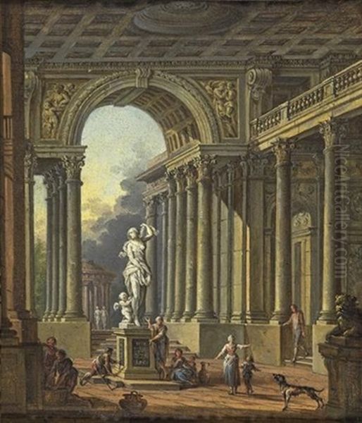 Architecture Classique Avec Personnages (+ Another, Similar; Pair) Oil Painting by Jean Baptiste Charles Claudot