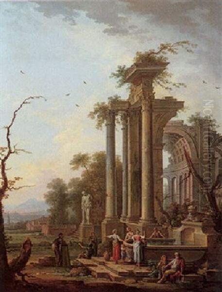 An Architectural Capriccio With Ruins, The Farnese Hercules, And Figures Resting By A Fountain Oil Painting by Jean Baptiste Charles Claudot