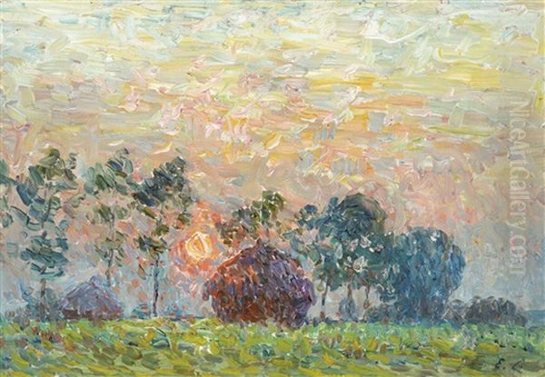 Landscape With Haystacks At Nightfall Oil Painting by Emile Claus