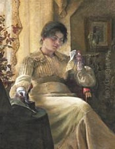 Interior With A Young Melancholic Woman With Her Needlework Oil Painting by Christian Clausen
