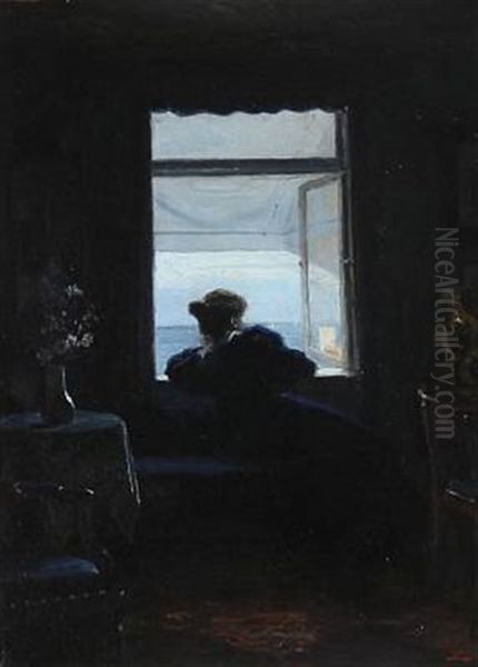 Interior With A Woman Looking Out The Window Oil Painting by Christian Clausen