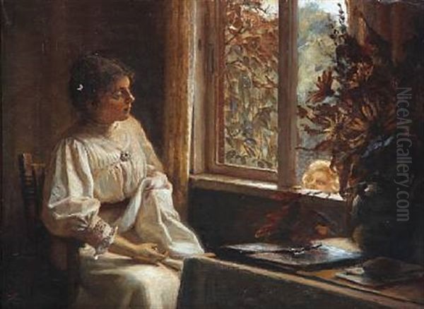 Interior With A Sewing Woman And A Child Looking Through The Open Window Oil Painting by Christian Clausen