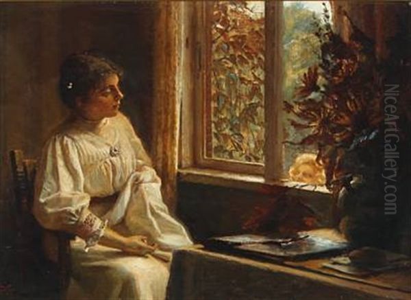Interior With A Woman And A Child Looking Through The Window Oil Painting by Christian Clausen