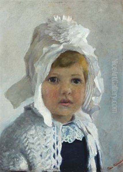 Blond Haired Girl In A Bonnet Oil Painting by Christian Clausen