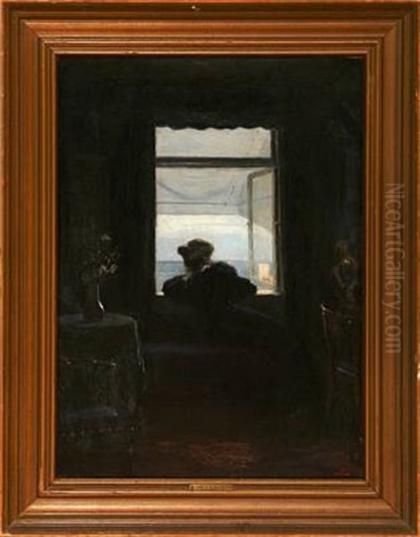 Interior With A Woman Looking Out The Window Oil Painting by Christian Clausen