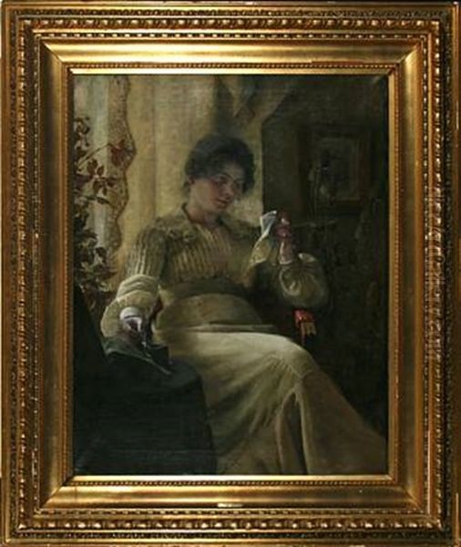 Interior With Thoughtful Young Woman Forgetting Her Needlework Oil Painting by Christian Clausen