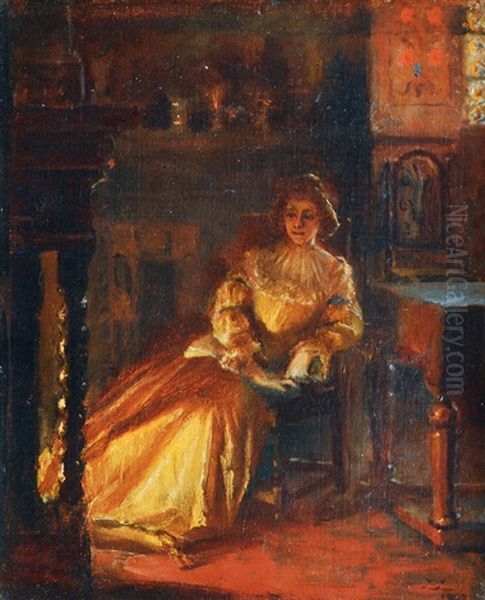 Young Woman At The Fireplace Oil Painting by Christian Clausen