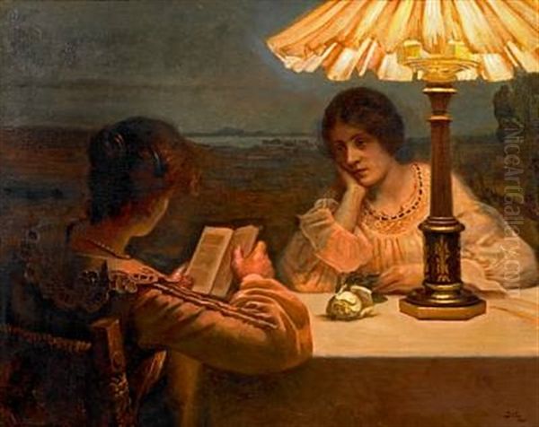 Interior With Two Women At A Table By Lamp Light Oil Painting by Christian Clausen
