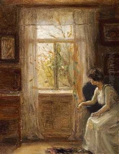 Interior Med En Ung Dame Ved Vinduet Oil Painting by Christian Clausen