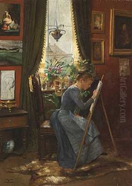 Fra Et Kunstnerhjem. Den Unge Kunstnerinde Ved Staffeliet I Et Hjorne Af Stuen Oil Painting by Christian Clausen