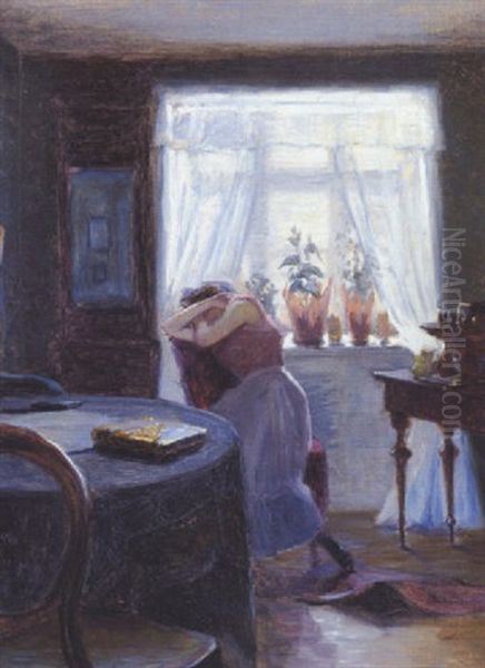 Interior Med Pige Ved Vinduet Oil Painting by Christian Clausen