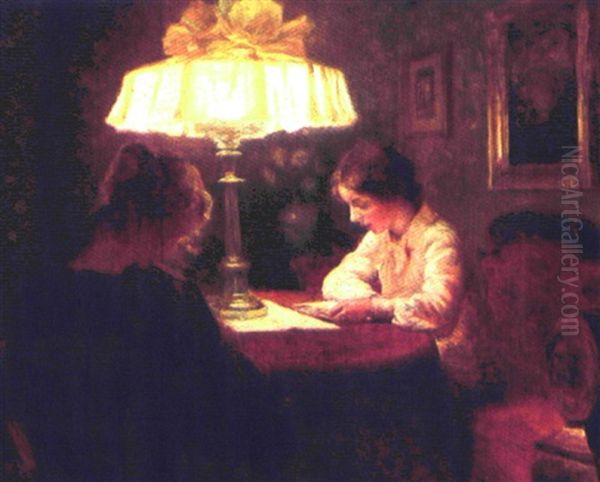 Stueinterior Med To Unge Piger Oil Painting by Christian Clausen