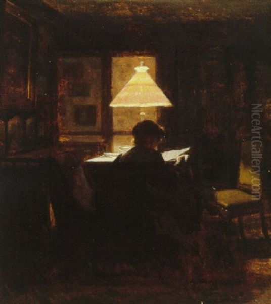 Interior Med Kvinde I Lampelys Oil Painting by Christian Clausen