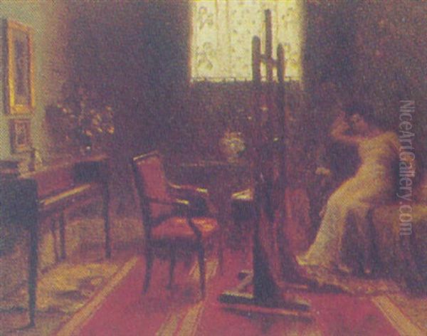 Interior Med Kvinde Henslaengt I Chaiselonge Oil Painting by Christian Clausen