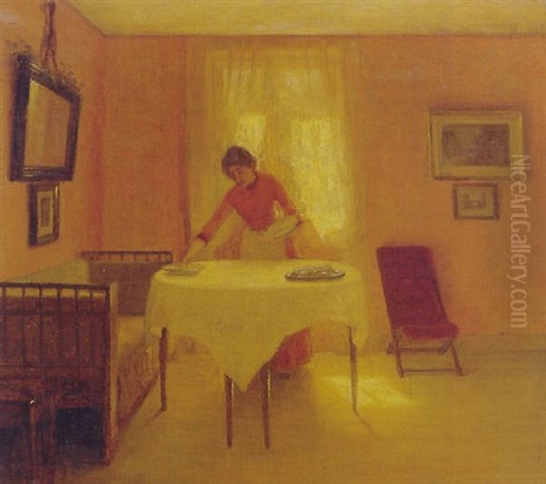 Interior Med Ung Pige, Der Daekker Bord Oil Painting by Christian Clausen