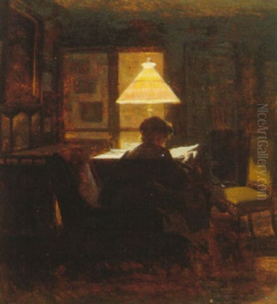 Interior Med Kvinde I Lapelys Oil Painting by Christian Clausen