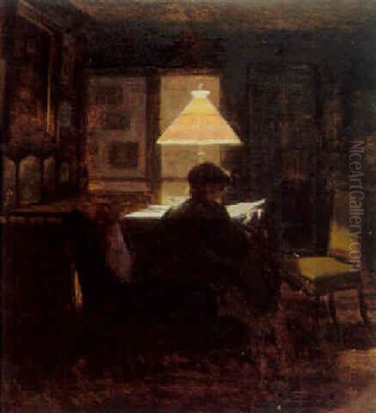 Interor Med Kvinde I Lampelys Oil Painting by Christian Clausen