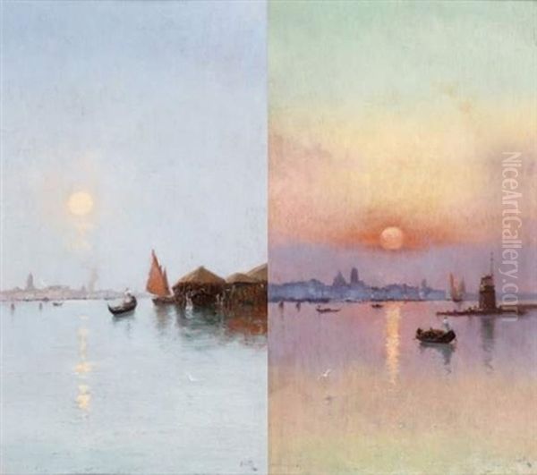 Au Lever Du Soleil, Venise (+ L'abri Des Gondoles, Matin Brumeux, Chioggia; Pair) Oil Painting by Marie Joseph Leon Clavel Iwill