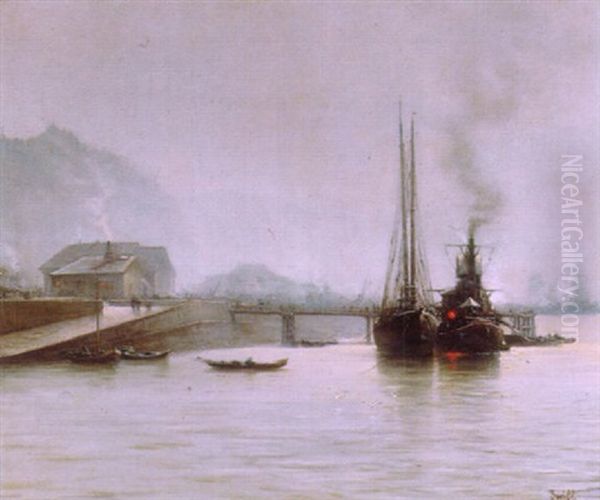 Les Quais De Rouen - Brumes Matinales Oil Painting by Marie Joseph Leon Clavel Iwill