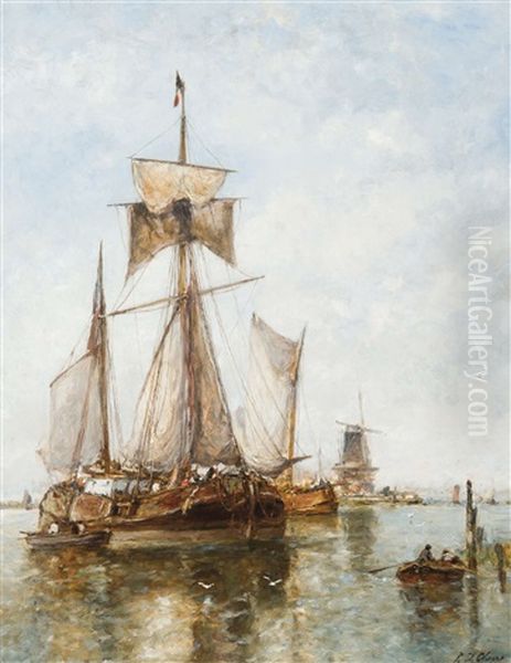 Bateaux Fluviaux Amarres Devant Un Moulin Oil Painting by Paul Jean Clays