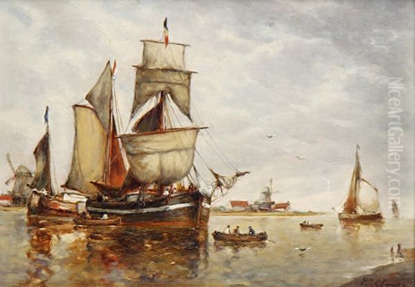 Boats In An Estuary Oil Painting by Paul Jean Clays