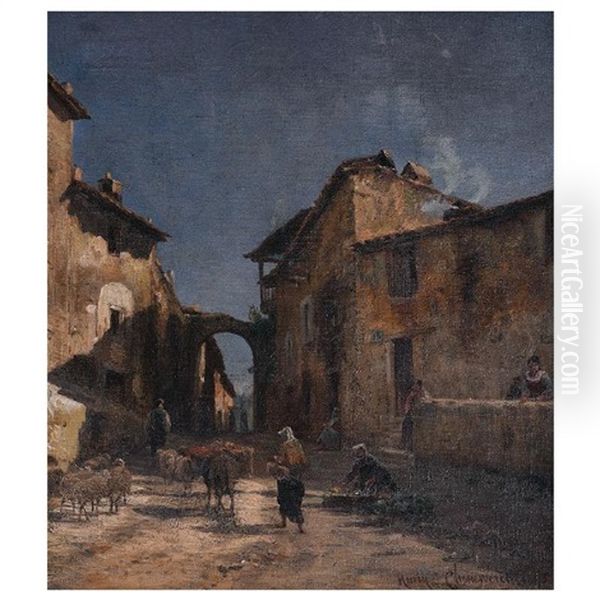 Village Scene With Goats Oil Painting by Henry Cleenewerck